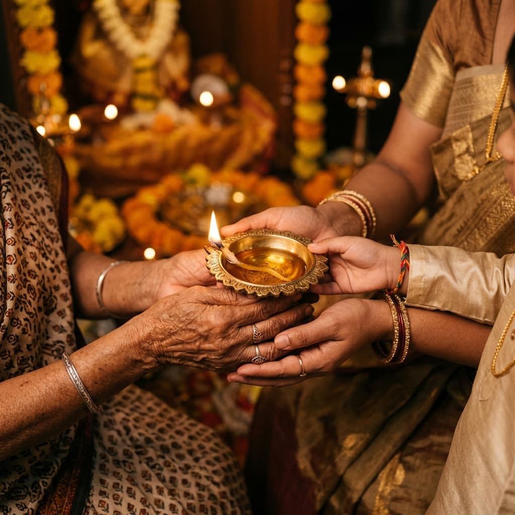 Multiple Indian hands of different generations gently holding a single glowing brass oil lamp together, symbolising community and passing down heritage