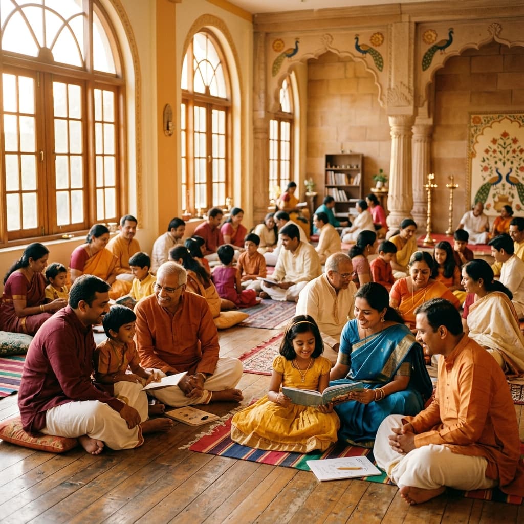 Hindu families gathered together in a community learning session