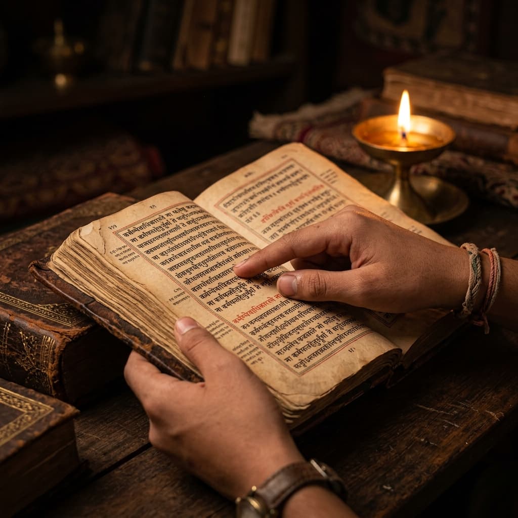 A young student's hands interacting with timeless Hindu scriptures