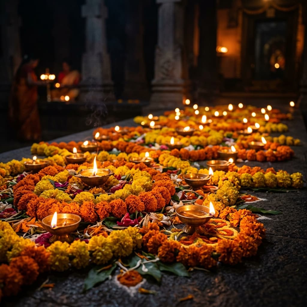 A breathtaking arrangement of vibrant marigolds and glowing brass diyas set against a dark background