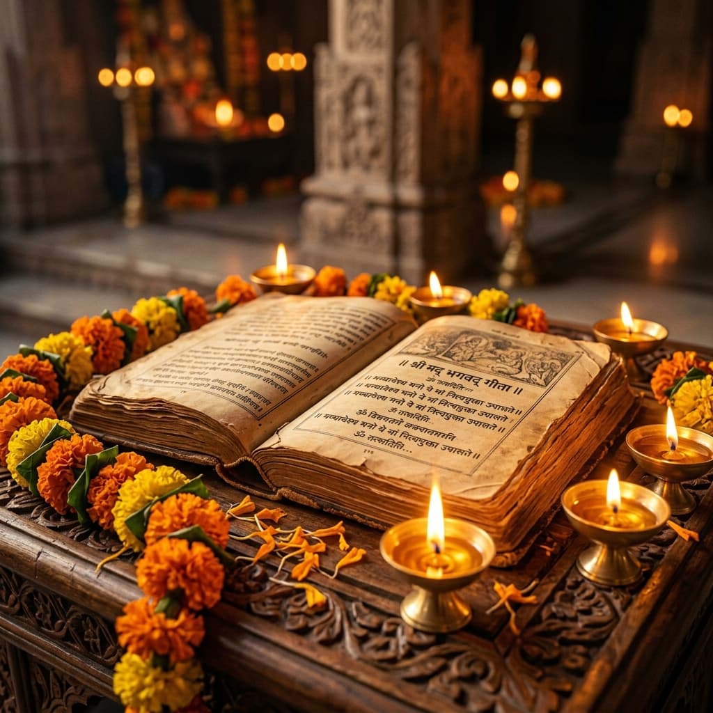 An open Bhagavad Gita surrounded by glowing brass diyas and marigold garlands on a carved wooden surface