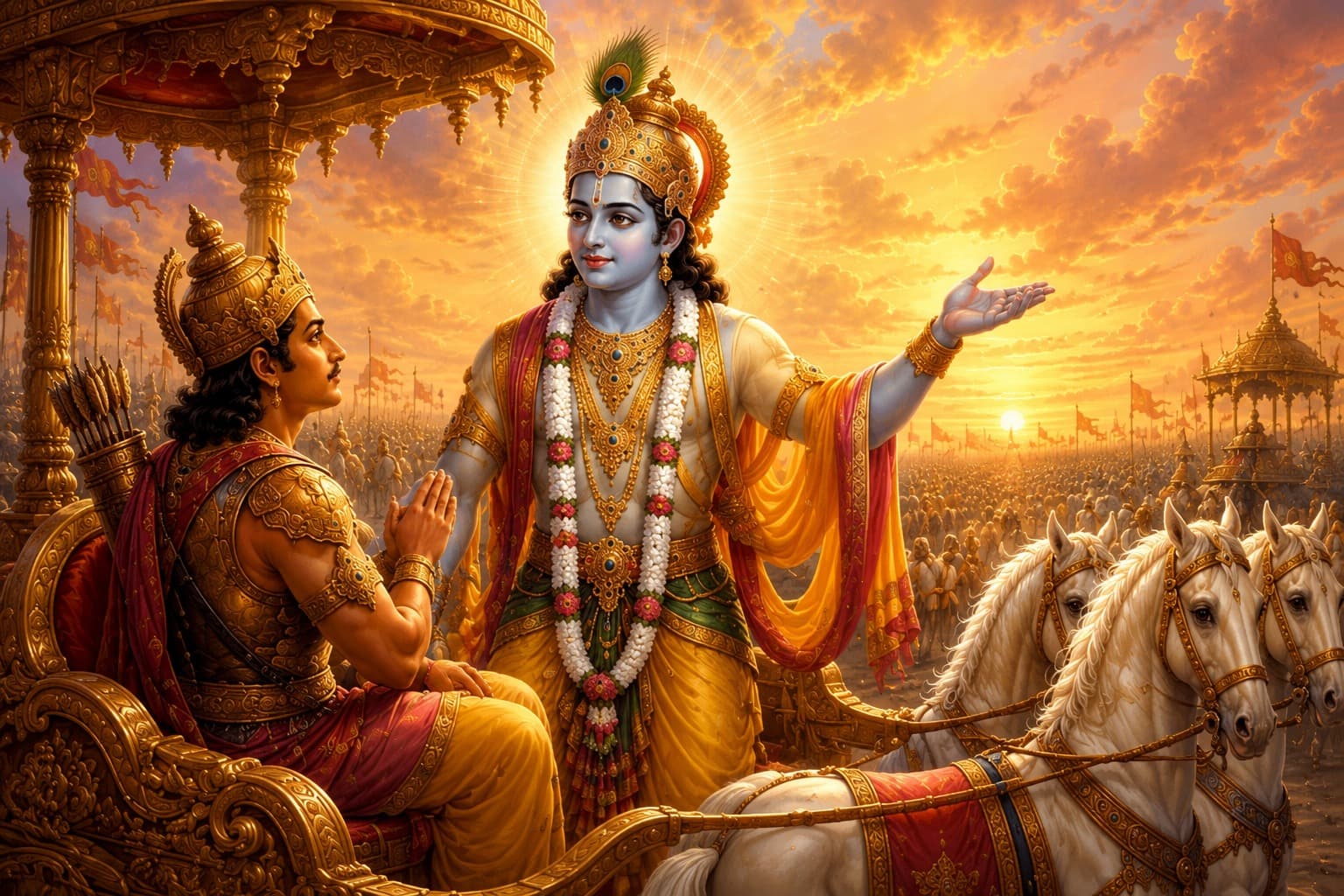 Krishna on a golden chariot speaking to Arjuna before the battle of Kurukshetra