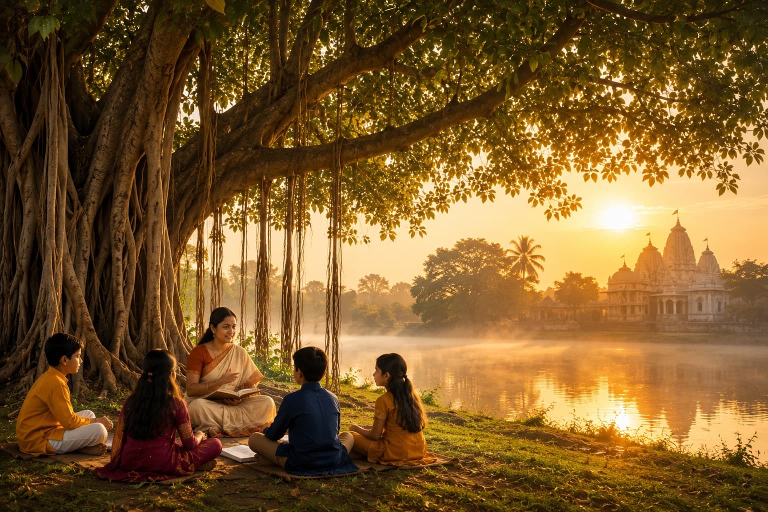 Hindu Heritage Academy students learning under a banyan tree at sunrise