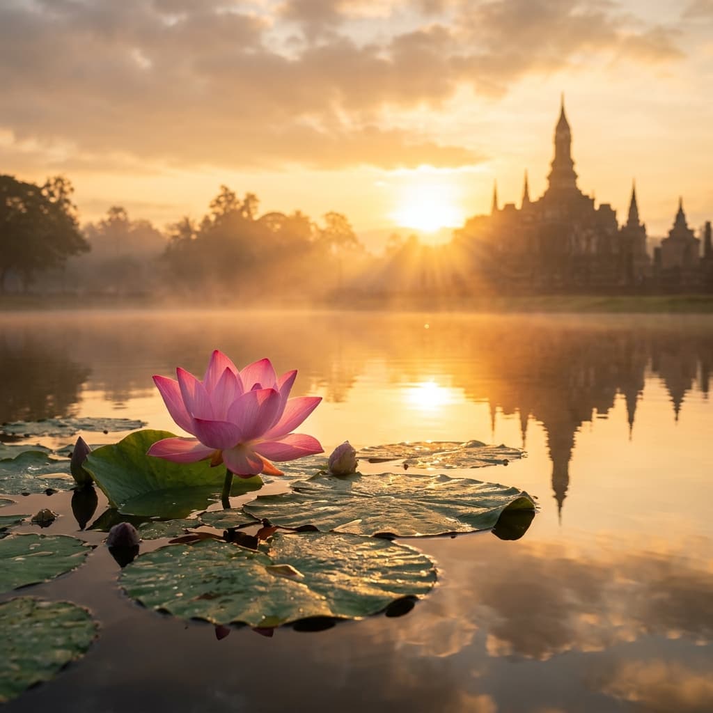 Lotus blooming at sunrise with temple silhouettes in the golden mist
