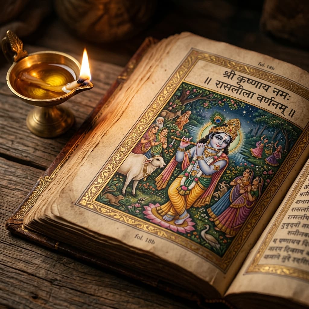 A glowing illustrated storybook with Krishna artwork and a brass diya