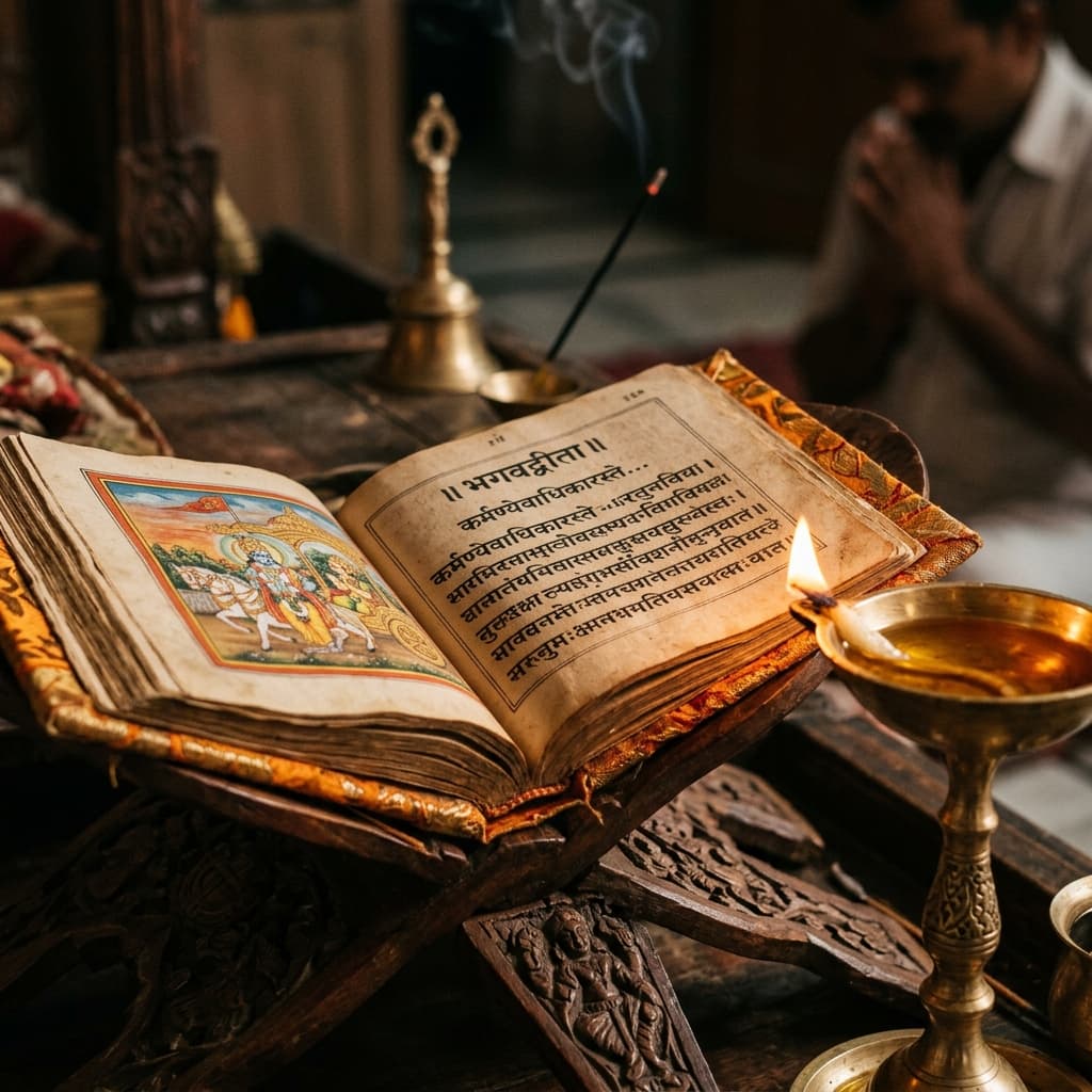 A stunning macro shot of the Bhagavad Gita resting on a wooden stand, illuminated by a glowing brass diya