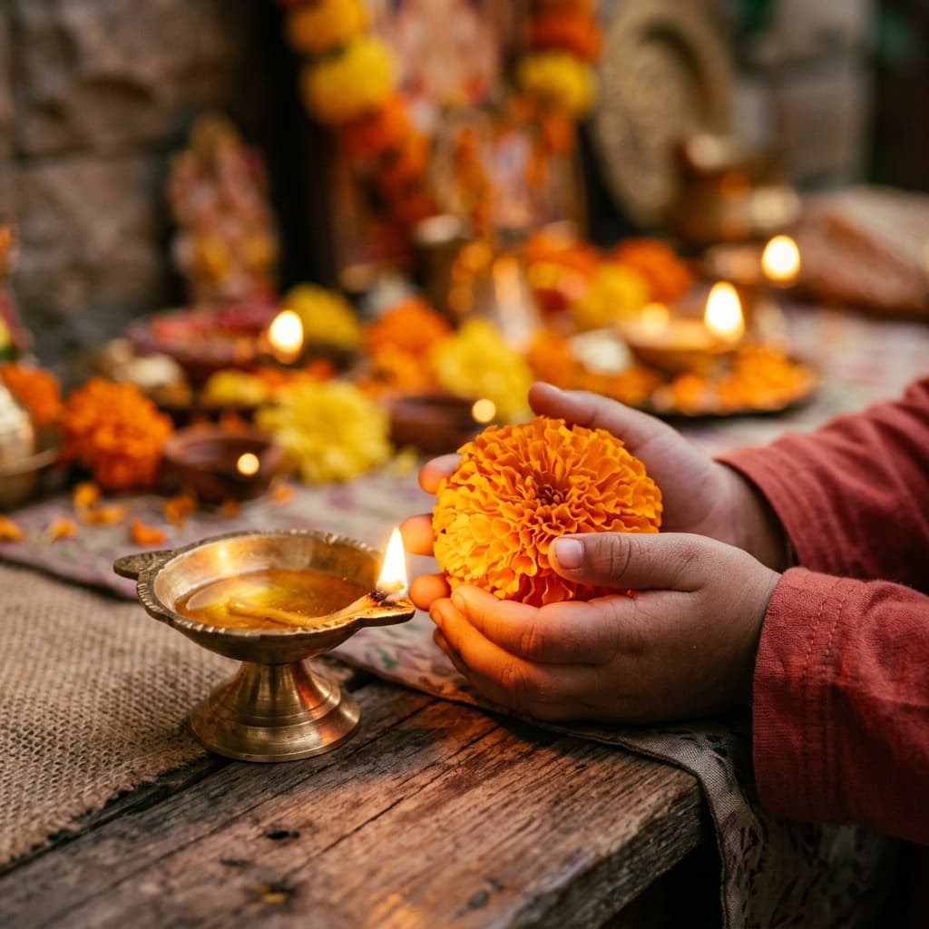 A child's hands gently holding a bright orange marigold flower next to a glowing brass diya