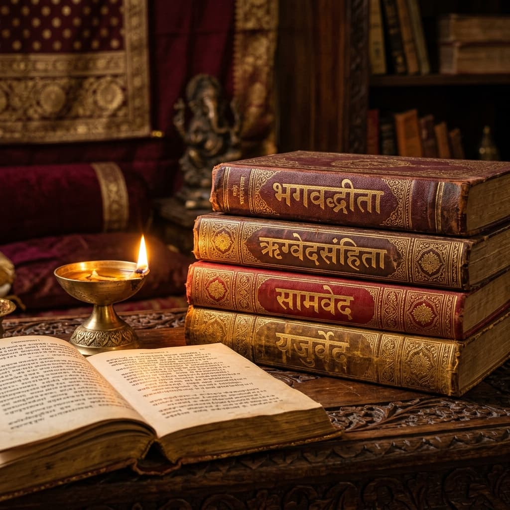 A beautiful stack of traditional Vedic texts and the Bhagavad Gita illuminated by a glowing diya